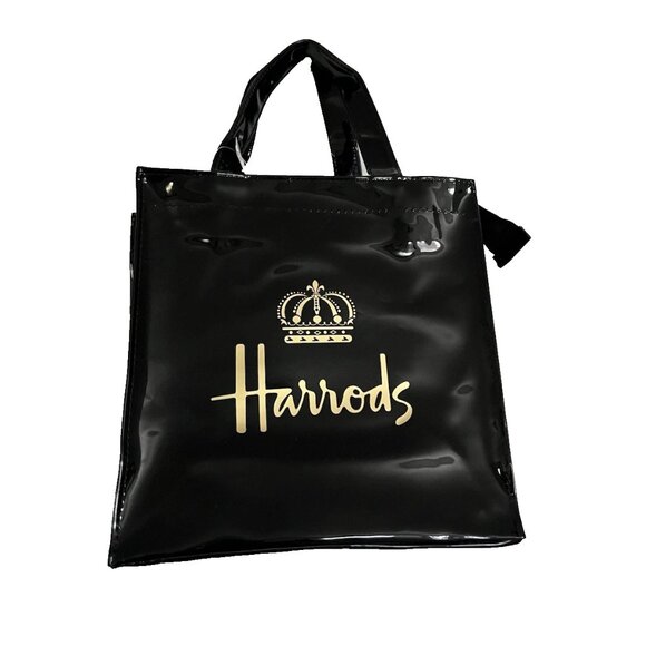 HARRODS LONDON PVC Shopping Tote Bag Glossy Black color Small BNWT - Picture 1 of 7